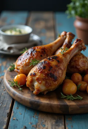 Smoked turkey legs auf einem rustikalen Teller serviert