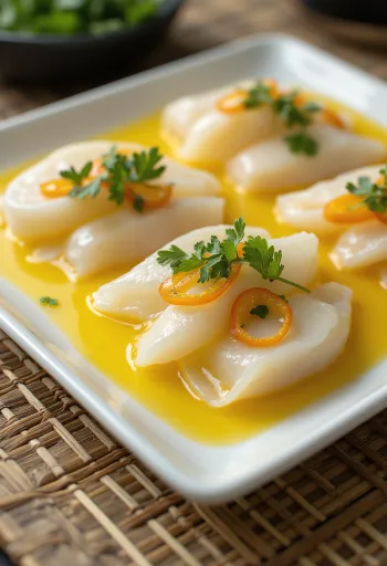 Tiradito mit Ají Amarillo Sauce, frischer Fisch, garniert mit Koriander und Limette