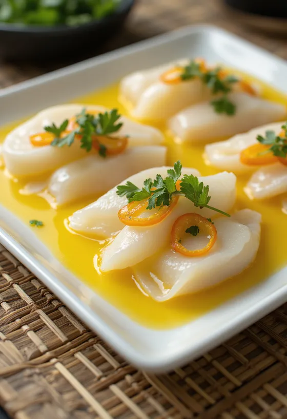 Tiradito mit Ají Amarillo Sauce, frischer Fisch, garniert mit Koriander und Limette