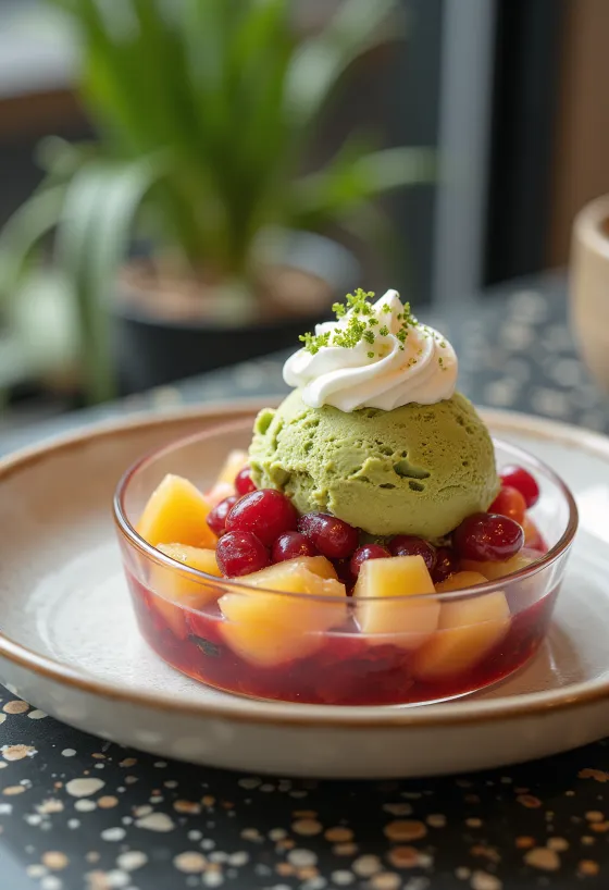 Anmitsu serviert mit Früchten, Schlagsahne und Matcha-Eis