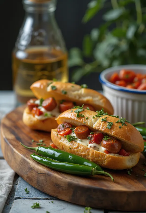 Choripán Sandwich mit gegrillter Wurst, Chimichurri und frischen Chiliringen