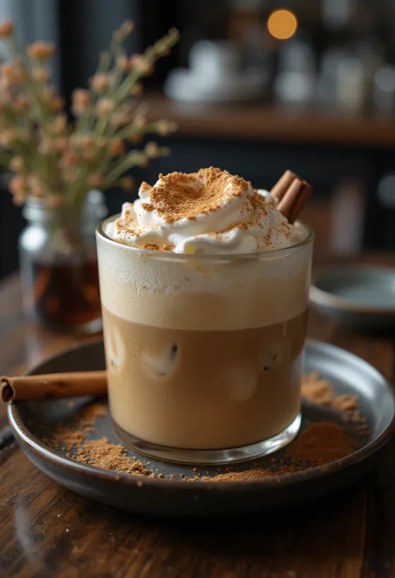 Zimt-Minz-Frappé Kaffeegetränk dekoriert mit Schlagsahne, Zimtstange und Minzblättern