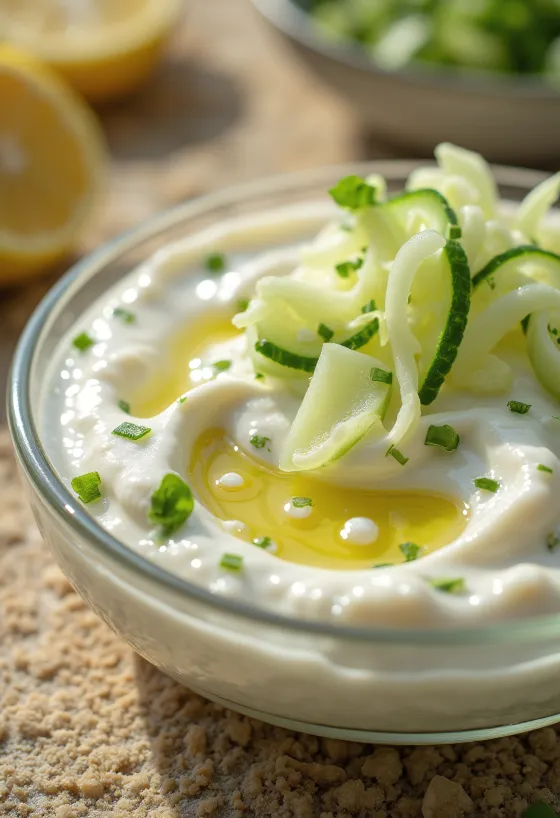 Gurken-Dill-Dip mit Schmand in einer Schale, dekoriert mit Dill und Gurke.