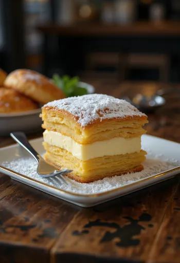 Cremeschnitte mit Puderzucker bestreut auf einem weißen Teller