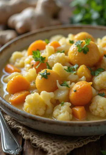 Shukto mit Kartoffeln, reiches bengalisches Gemüsegericht mit Kokosmilch