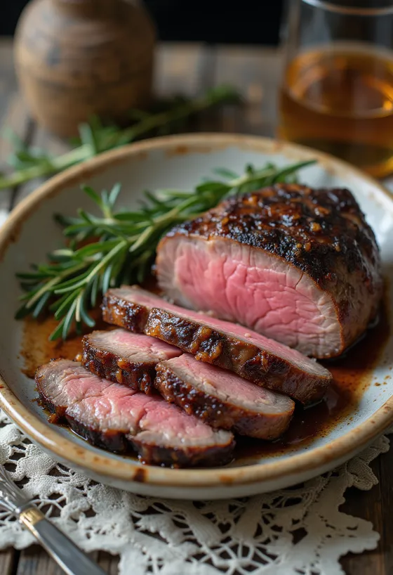 Smoked Venison Steak, geräuchertes Hirschsteak mit gebratenem Gemüse und Rosmarin