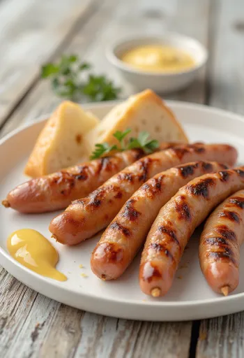 Goldbraun gebratene Würstchen mit knuspriger Haut, serviert mit Senf und frischem Brot