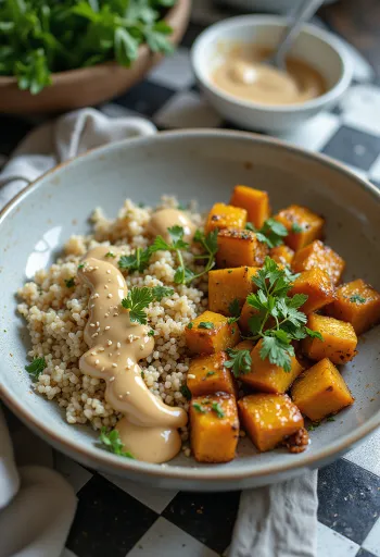 Servierte Buddha-Bowl mit Kürbis, Quinoa, Limetten-Tofu und Curry-Tahini