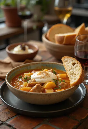 Traditionelles Szegediner Gulasch mit saftigem Schweinefleisch und Sauerkraut, serviert mit Sauerrahm.
