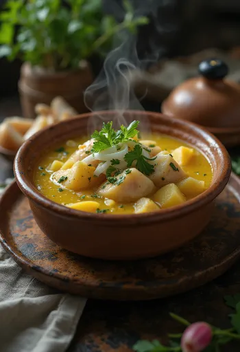 Caldeirada paraense, Fisch-, Kartoffel- und Eiersuppe, serviert mit frischem Koriander