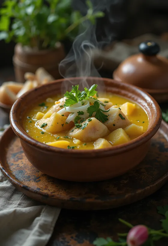 Caldeirada paraense, Fisch-, Kartoffel- und Eiersuppe, serviert mit frischem Koriander