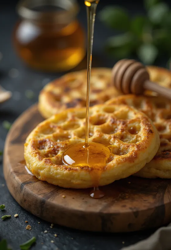 Honig-Crumpets, goldbraun und weich