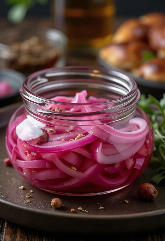 Pikante eingelegte rote Zwiebeln serviert