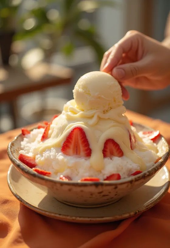 Ddalgi Bingsu, serviert mit frischen Erdbeeren, Joghurt und Minzblättern