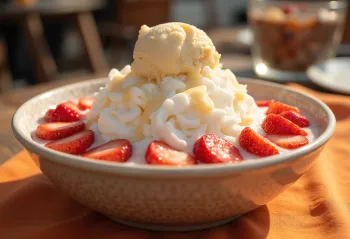 Ddalgi Bingsu, serviert mit frischen Erdbeeren, Joghurt und Minzblättern
