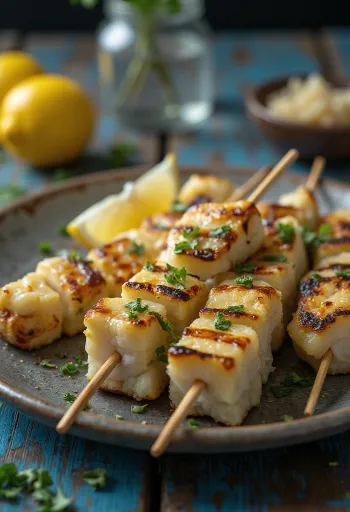 Gegrilltes Alligatorfleisch serviert mit Zitrone und Grillgemüse