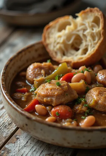 Gumbo mit Paprika, reichhaltiges Hähnchengericht mit Paprika und Wurst serviert