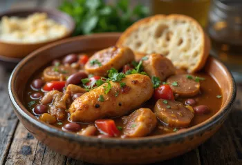 Gumbo mit Paprika, reichhaltiges Hähnchengericht mit Paprika und Wurst serviert