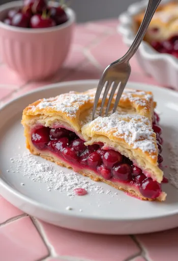 Frischer, hausgemachter Sauerkirschkuchen, mit Puderzucker bestreut und knusprigem Teig.
