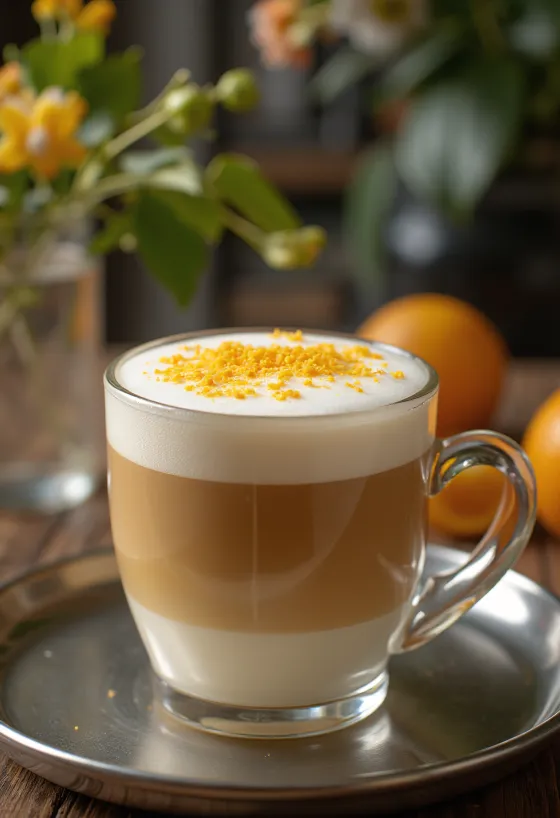 Orangen-Vanille-Latte Kaffeegetränk dekoriert mit Schlagsahne und Orangenscheibe