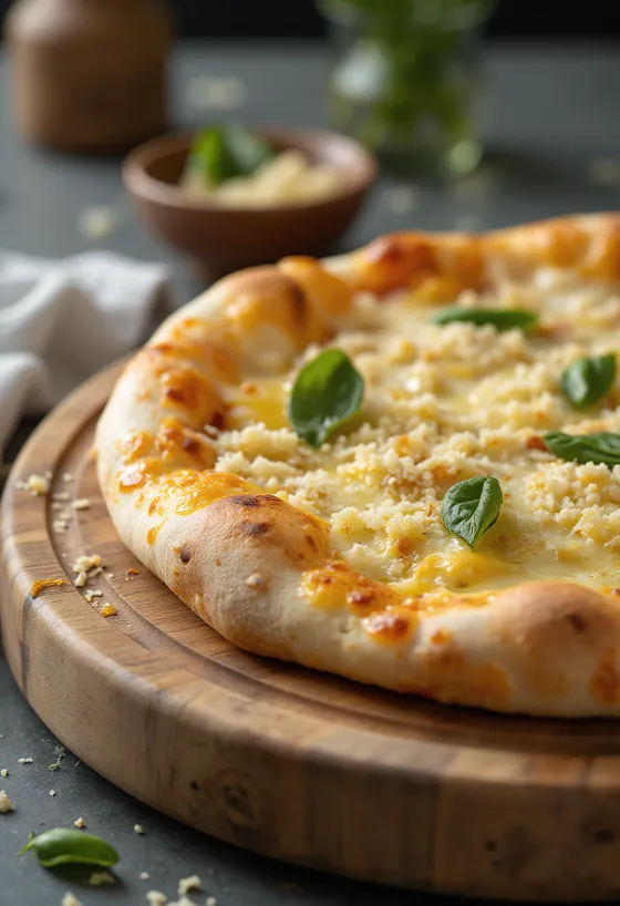 Weiße Pizza serviert mit Ricotta, Mozzarella und frischen Kräutern