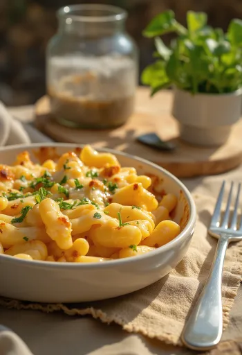 Lauch-Nudelauflauf in heller Auflaufform, goldbraun gebacken