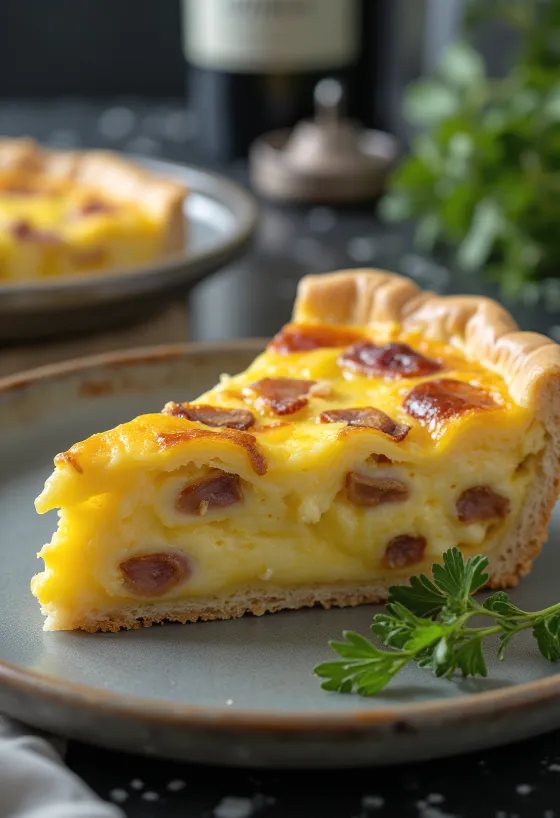 Klassische Quiche Lorraine in knusprigem Mürbeteig mit cremiger Füllung, Speck und Käse
