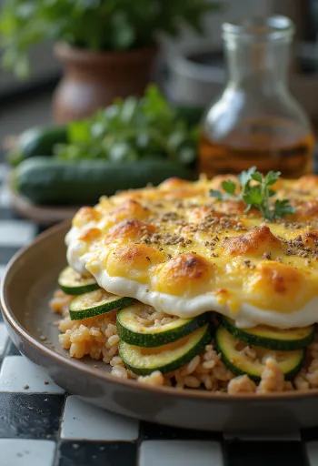 Zucchini-Hackfleisch-Auflauf frisch aus dem Ofen, mit goldbrauner Sauerrahmkruste
