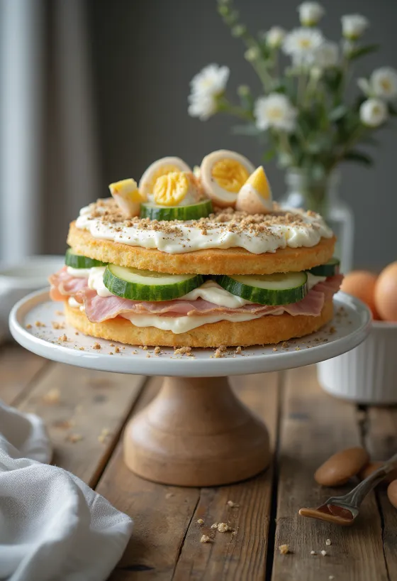 Smörgåstårta mit Schinken und Hähnchen serviert