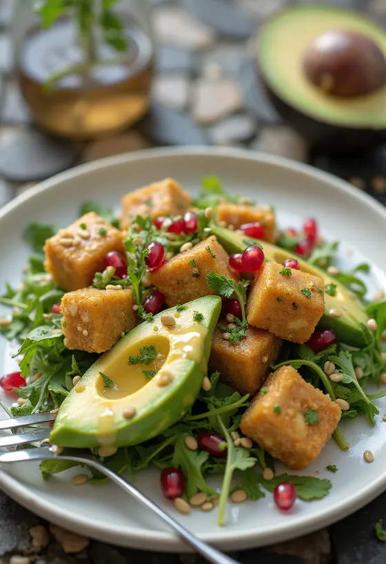 Gebratener Tofu mit Avocado und Granatapfel