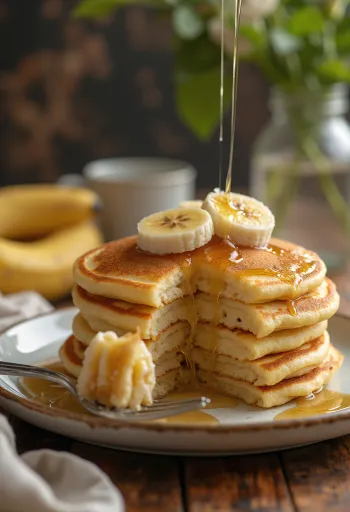 Bananen-Pancakes mit frischen Früchten und Honig serviert