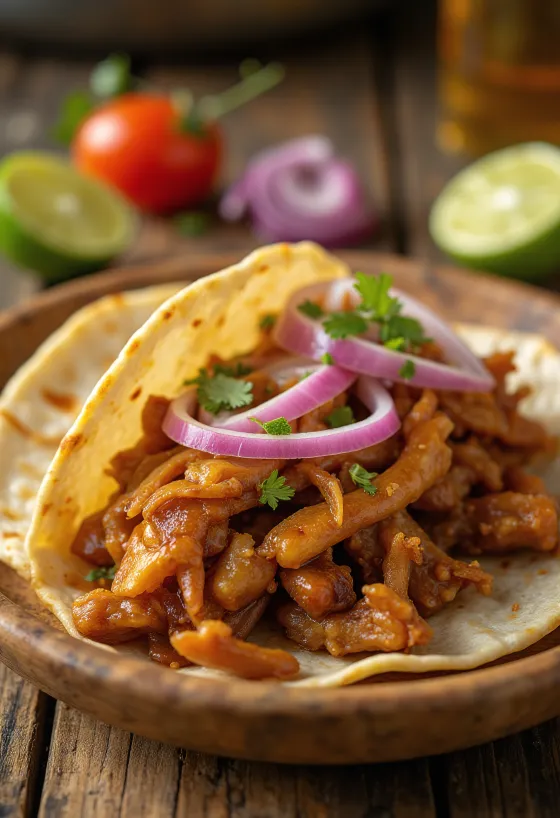 Carnitas Taco mit langsam gegartem Schweinefleisch, Koriander und Zwiebeln