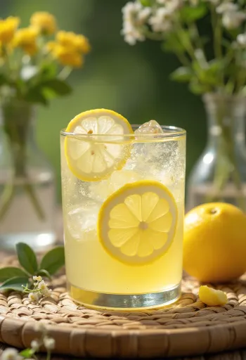 Zitronen-Holunder-Cider Fruchtgetränk dekoriert mit Zitronenscheibe und Holunderblüte