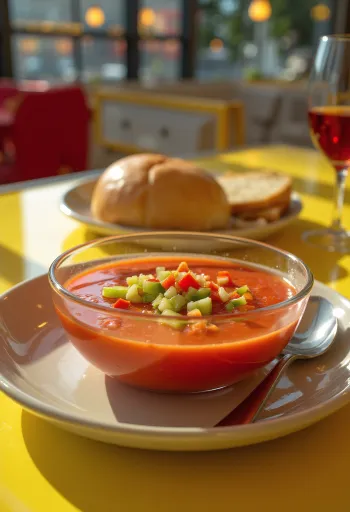 Frische Gazpacho eiskalt serviert, garniert mit klein gewürfeltem Gemüse