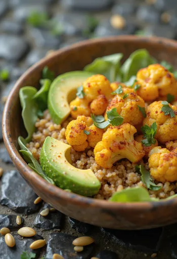 Pikante Blumenkohl-Buddha-Bowl serviert