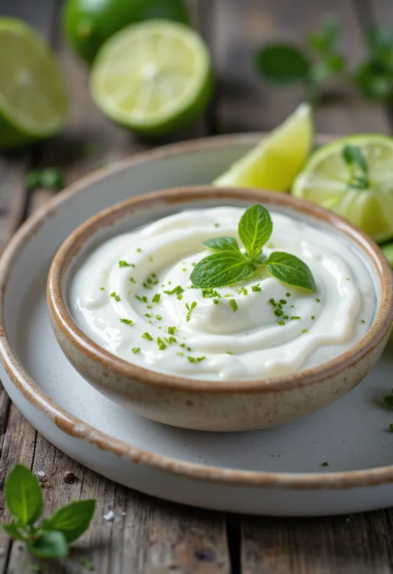 Koriander-Limetten-Joghurt-Dip in einer Schale serviert mit frischem Koriander und Limettenscheiben.