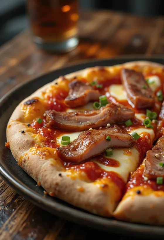 Chinesische Pizza mit Char Siu Schweinefleisch serviert