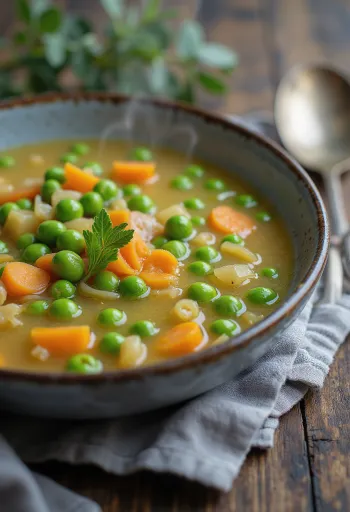 Frische Erbsensuppe garniert mit knackigem Gemüse und Petersilie