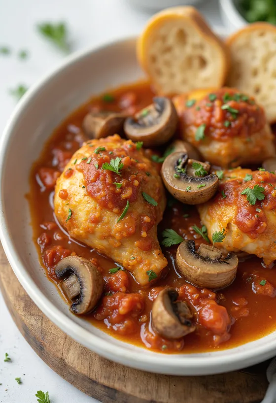 Huhn Cacciatore mit Pilz-Tomatensauce und schwarzen Oliven serviert