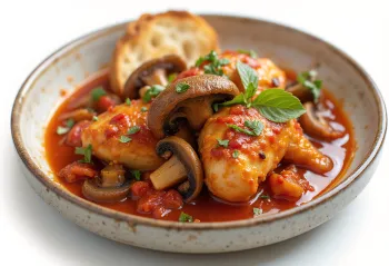 Huhn Cacciatore mit Pilz-Tomatensauce und schwarzen Oliven serviert