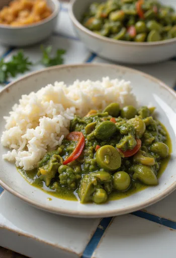 Callaloo mit Reis, Gemüse und Kokosmilch, erfrischend mit Limette verfeinert
