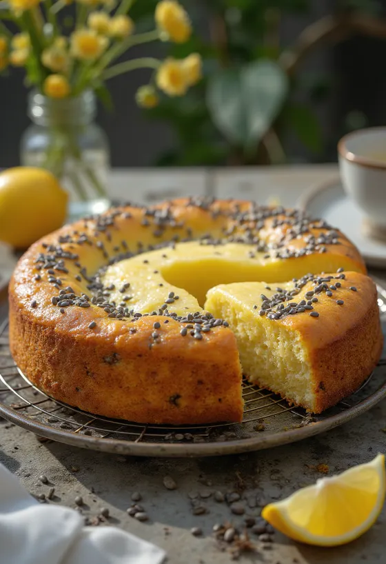 Zitronen-Mohn-Torte aufgeschnitten