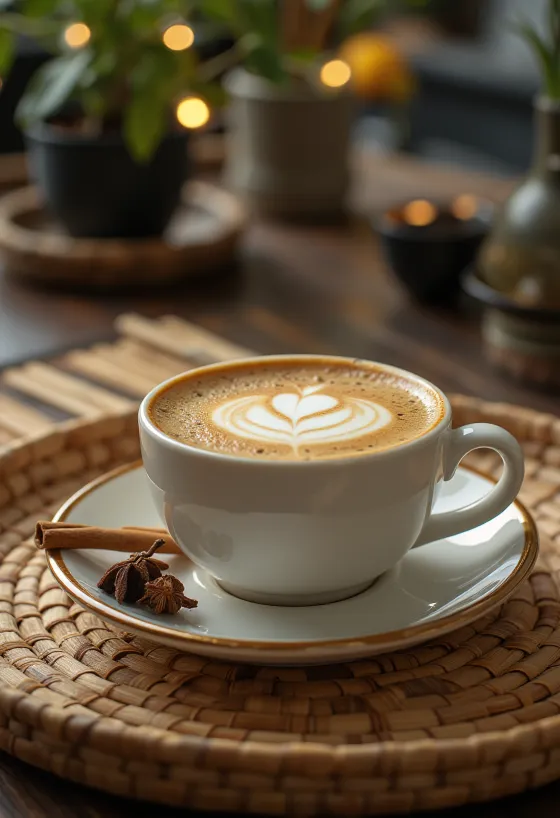 Zimt-Nelken-Latte Kaffeegetränk dekoriert mit Zimtstange und Schlagsahne