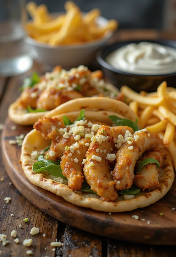Knoblauch-Gyros-Teller mit gebratenem Hähnchen, frischem Gemüse und Knoblauch-Tzatziki