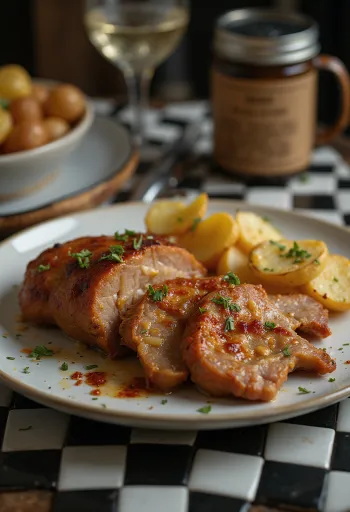 Knoblauch-Schweinenacken knusprig gebraten, mit frischen Kräutern serviert