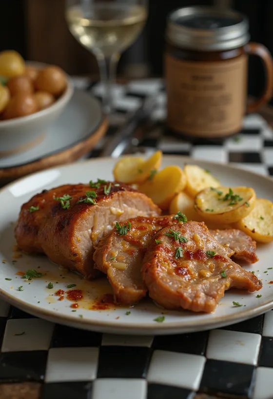 Knoblauch-Schweinenacken knusprig gebraten, mit frischen Kräutern serviert