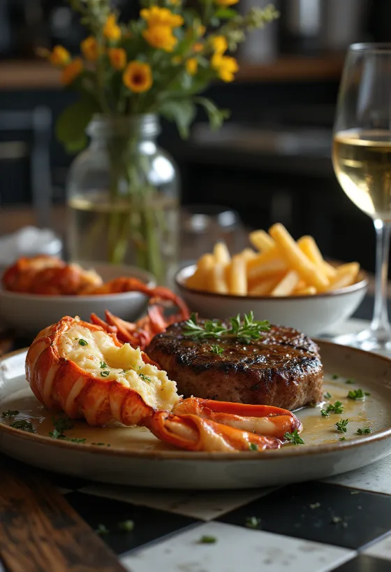 Gegrillter Hummer und Steak, luxuriöses Surf and Turf Gericht