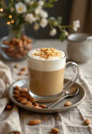 Honig-Mandel-Latte im Glas, bestreut mit Mandelblättchen und Zimt