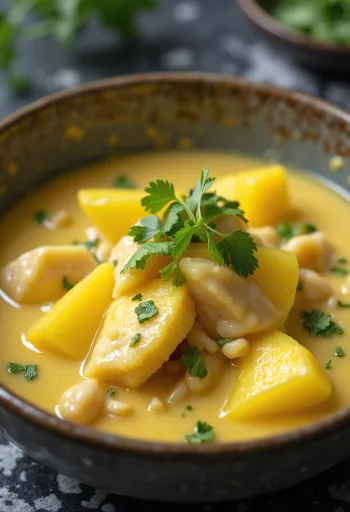 Servierte Moqueca mit Mango, Fisch und Kokosmilch