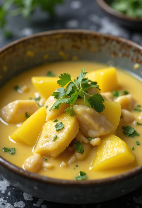 Servierte Moqueca mit Mango, Fisch und Kokosmilch